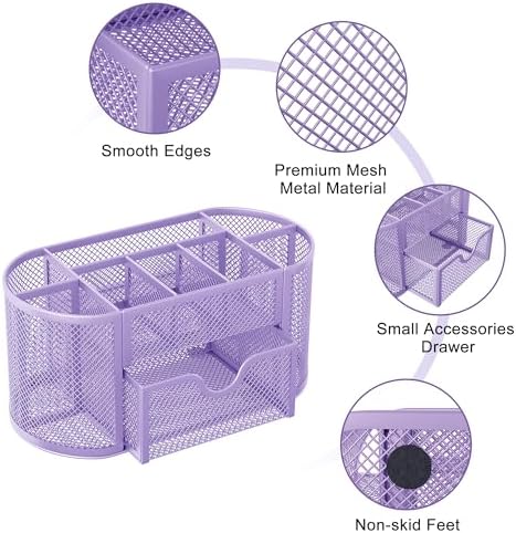 EasyPAG Mesh Pen Holder Desk Organizer with Drawer Stationery Supplies Organizer for Dorm School 9 Compartments Workspace Desk Accessories Organization for Office (Light Purple)