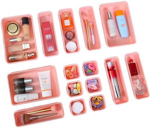 Kutesna 15 PCS Interlocking Desk Drawer Organizer Separator for Office,Bathroom,Kitchen,Makeup（Pink）