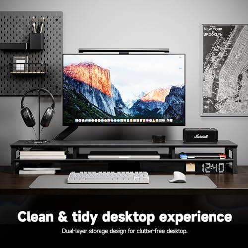 Dual Monitor Stand Riser for Desk, 41.7 Inch Large 2 Tier Computer Monitor Stand for 2 Monitors, Desktop Storage Organizer Shelf with Keyboard Space for Laptop PC Printer, Black