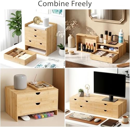 Bamboo Desk Organizer with Drawers, Desktop Storage for Office Supplies