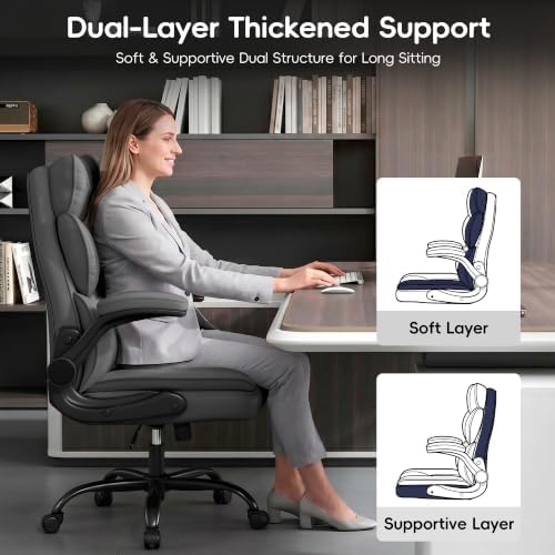 Vonesse Office Chair, Desk Chair with Flip-up Armrests, Gaming Chair with Double-Layered Soft Backrest,PU Leather Computer Executive Chair with Breathable Seat Cushion (Grey)