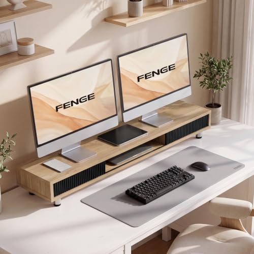 Fenge Dual Monitor Stand with Storage, Desk Shelf with Glass Sliding Door