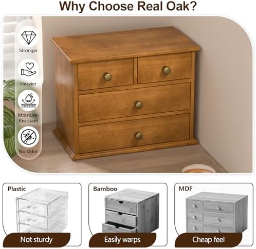 Oak Desk Organizer with Drawers, Durable Wooden Desktop Storage Box