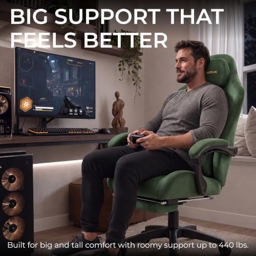 Dowinx Big and Tall Gaming Chair, Suede Fabric Game Chair with Pocket Spring Cushion, High Back Gamer Chair Ergonomic with Footrest for Adults Office, 440LBS, Green