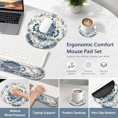 Keyboard Wrist Rest Pad Ergonomic Mouse Pad Set,Vintage Floral Paisley 3 in 1 Memory Foam Mouse Pad with Non Slip Base for Office and Home