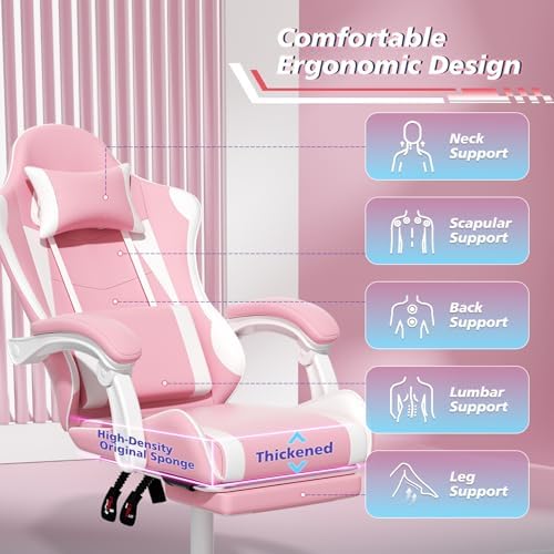 Magshion Gaming Chair for Adults, Ergonomic Computer Chair with Linkage Armrests, Height Adjustable Gamer Chair with Footrest and Headrest for Home Office, 350 Lbs Capacity, Pink/White