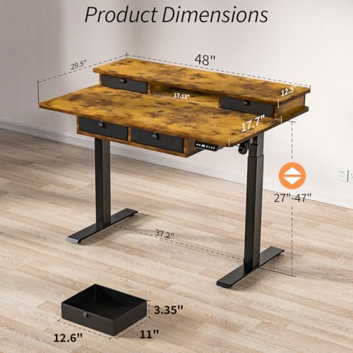 Kingant Electric Standing Desk with 4 Drawers, Height Adjustable 48"x 30"