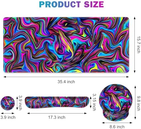 Gaming Mouse Pad, Large Desk Mat, Cute Desk Pad Protector, 4in1 XXL Mousepad + Keyboard Wrist Rest+Mouse Wrist Rest+Coaster Set with Ergonomic Desk Pad for Home Office Computer, Dazzling Bright Color
