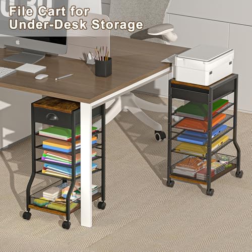 keomaisyto 6-Tier Rolling File Cart with Drawer, Under Desk Storage with Paper Letter Sliding Trays, Standing File Organizer with Wheels, Slim Workspace Organizers for Office/Home/School/Study
