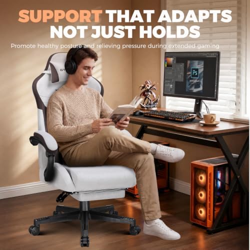 GTPLAYER Gaming Chair with Footrest, Ergonomic Office Chair 400lbs Heavy Duty, Big and Tall Computer Desk Chair with Lumbar Support and Headrest, Breathable Tech Fabric, 90-155° Recline Brown