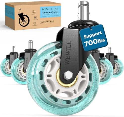 WEWILL Office Chair Wheels - Rubber Casters Replacement Universal Fit 98% Chair(Set of 5) Heavy Duty 3 Inch Smoothly & Quietly Safe for All Floor, Hardwood, Tile, Carpet, Noise Free - Sky Blue