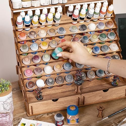 Plydolex Wooden Paint Organizer - 74 Holes Suitable for Vallejo, Citadel, Tamiya Paint Bottles - 14 Brushes Holes, 6 Minis Stands and 2 Drawers - Works for Warhammer, DnD and Other Miniatures