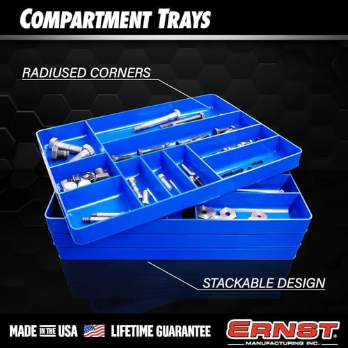 Ernst Manufacturing 10 Compartment Drawer Organizer: Heavy Duty Stackable Tray for Automotive Garage Tool Organization - Low-Profile Toolbox Storage - Nuts and Bolts, Tools, Parts, Easy to Clean - Red