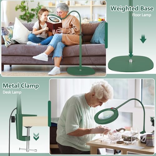 15X Magnifying Glass with Light and Stand, Optical Grade Real Glass Lens, 5 Color Modes, Stepless Dimmable, 24" Flexible Gooseneck 3-in-1 Floor Lamp, LED Lighted Magnifier Hands Free for Hobby - Green