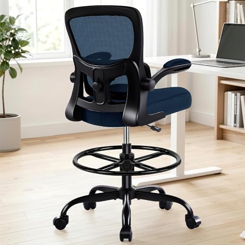 AreShark Drafting Chair - Ergonomic Tall Office Chair with Lumbar Support and Flip-up Armrests - High Standing Desk Chair Breathable Mesh with Adjustable Footrest Ring and Height for Home Office