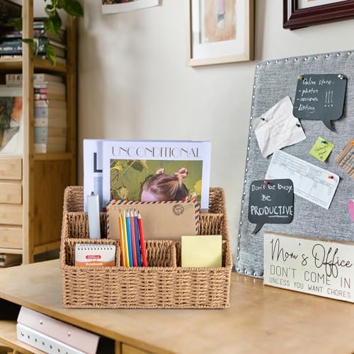 DINGTAI Rattan Desk Organizer, Tabletop Mail Holder, 5 Slot Mail Organizer Countertop Basket, Rattan Office Supplies, Boho Office Desk Accessories, Wicker Desk Organizer, Magazine Holder（Wicker）