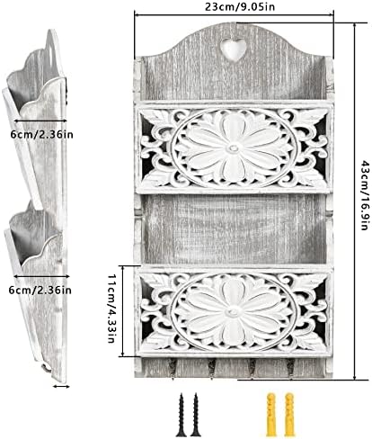 2-Slot Mail Organizer Wall Mount with 4 Hooks