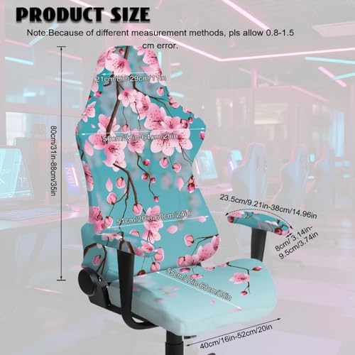 Teal Gaming Chair Cover Stretchable Cherry Blossom Computer Desk Chair Cover with Armrest Covers,4Pc/Set Soft Non Slip Office Chair Covers Slipcovers
