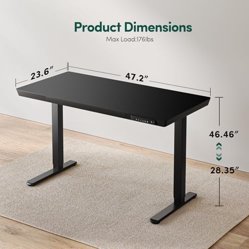 FEZIBO 48 Inch One-Piece Standing Desk with Glass Top and Drawer, Black