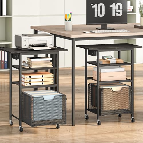 HOOBRO Printer Stand with Hanging File Drawer, Rolling Printer Cart on Wheels, Mobile Filing Cabinet Storage Shelf, Home Office Desk Side Organizer, Black BB17UPS01