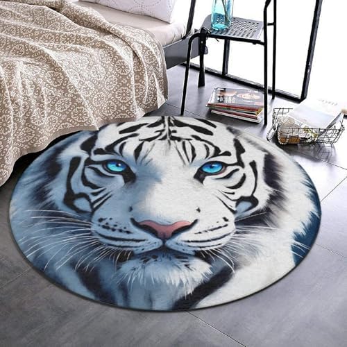 Large Home Decor Mat, Soft Round Yoga Carpet, Non Slip Machine Washable Home Office Circle Rug White Tiger Moon Starry Sky