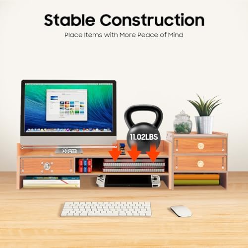 Wood Monitor Stand with Drawer, 18.9 Inch Computer Rack with Lockable Drawer and Phone Holder for Office Home Desk Organizer