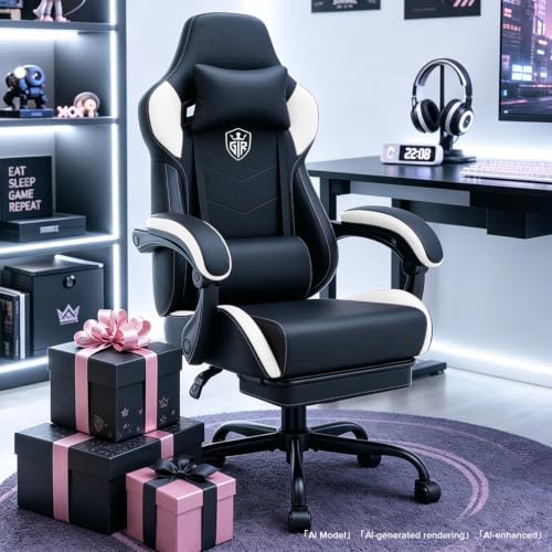 GTPLAYER Gaming Chair with Footrest Computer Gaming Chairs for Adults White