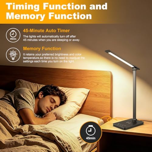 LED Desk Lamp, USB Charging Port Touch Control for Home Office 5 Color Modes with Timer,Adjustable Arm,Wireless Charging, 10 Dimmable Eye-Caring Table Light with Data Cable for Work Study