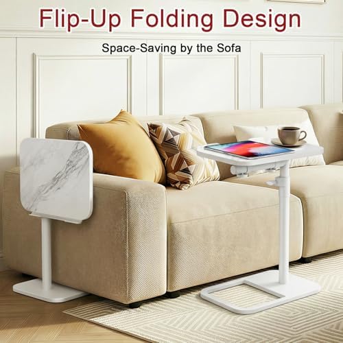 GOYLSER Adjustable Height Sofa C Table, 360° Swivel/180° Flip-Over Panel Side Table with Tablet Slots for Small Spaces, Morden TV Tray Couch Tables for Dinner Eating (White Marble)