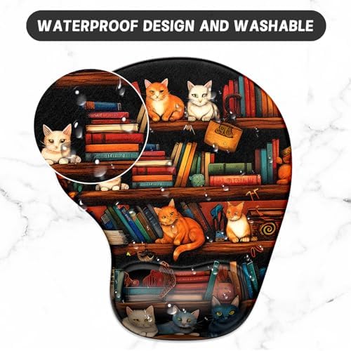 ITNRSIIET Ergonomic Mouse Pad Coaster Set with Gel Wrist Support Wrist Rest Smooth Surface Non-Slip PU Base Comfortable Office Supplies Pain Relief, 9.5 x 8.3 inches, Cat on the Desk