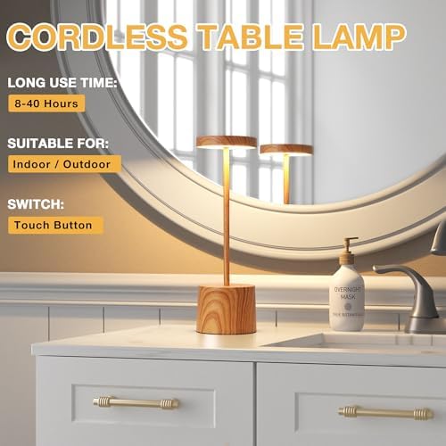 Kakanuo Wooden Rechargeable Cordless Lamp - Touch Control, 3 Color Temperature, LED Outdoor Wireless Lamp, Battery Operated Lamps, Stepless Dimmable, Set of 2