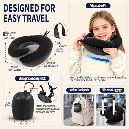 BUYUE Kids Travel Pillows for Airplane, Memory Foam 360° Head Support Sleeping Essentials for Long Flight, Skin-Friendly Soft Neck Pillow for Traveling in Car Seat, (Small, Black Grey, 40-90 lbs)