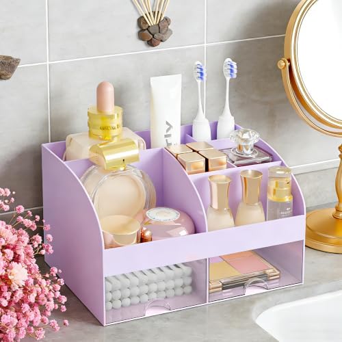 Makeup Organizer with 2 Drawers, Cosmetic Storage for Dresser Vanity and Bathroom Countertop,Make up organization and Skincare Storage with Beauty Brush Holder, Cosmetic Display Case (Purple)