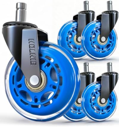 HOLKIE Gaming Chair Wheels Blue Roller Blade Rubber Caster 3 Inch Set of 5 for Carpet Hardwood Floors