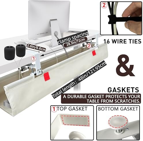 Under Desk Cable Management No Drill – 48" L x 6" W Cord Organizer, Upgraded Silicone Pads (No Scratch!), 16 Cable Slots, Washable PE Honeycomb Base, Fits Desks 0–2.1" Thick, Beige