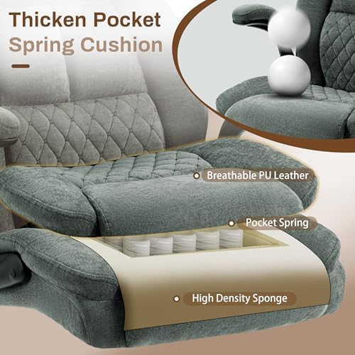 Massage Office Chair,500LBS Ergonomic Rocking Executive Desk Chairs with 4 Points Vibration&Heat,Padded Flipup Armrests for Big and Tall Office Chair,Swivel Computer Chair Fabric Green