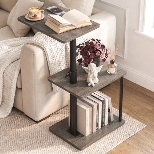 Faesun Swivel Side Table for Couch Arm, Height Adjustable C Table for Recliner or Bed, Tv Trays with Storage Shelf for Small Spaces- Small Nightstand Table for Living Room, Bedroom