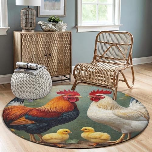 Highly Premium Quality Floor Mat, Office Chair Decor Mat, Room Sofa Yoga Soft Round Carpet Chicken Rooster Garden Sunflowers Painting, 36inch