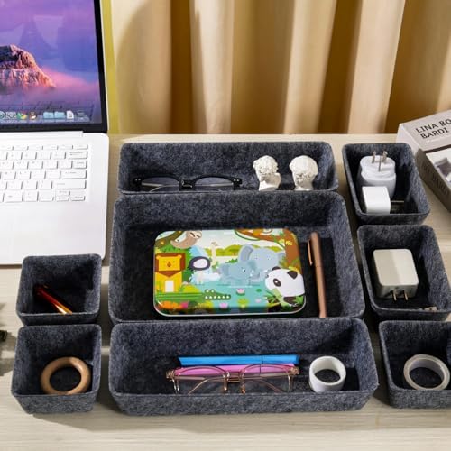 Felt Desk Drawer Organizer, 8pcs Shallow Storage Trays Bins, Office Accessories Box Inserts College Jewelry & Makeup Boxes Containers(Black)