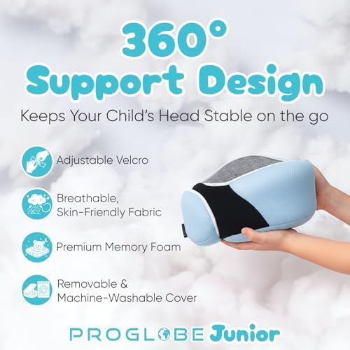 Proglobe Kids Travel Neck Pillow, Memory Foam, Light Blue, Ages 4+