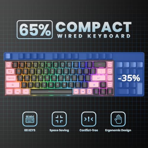 GEODMAER 65% Gaming Keyboard, LED Backlit, Ultra-Compact Anti-Ghosting No-Conflict 68 Keys Membrane Gaming Wired Keyboard for PC Laptop Windows Gamer(Black-Pink)