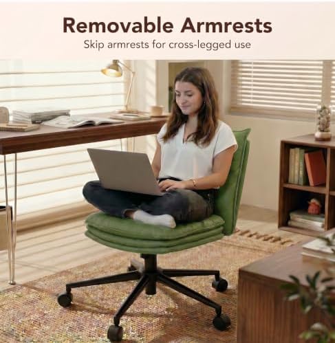 Sage Green Office Chair with Triple-Layers Thicken Wide Seat, Mid Back Leather Desk Chair with Wheels and Arms, Mid-Century Modern Computer Chair for Home Office
