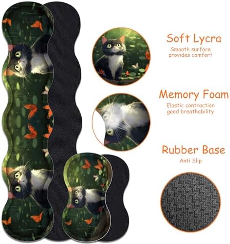 4 in 1 Mouse Pad Combo, Large Gaming Mouse Pad + Keyboard Wrist Support + Mouse Wrist Rest + Coaster, Table Pad with Stitched Edge Ergonomic Wrist Pad Set, Butterfly and Cat