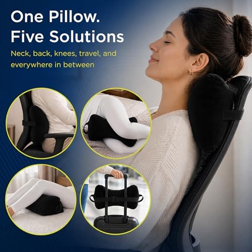Next-GEN SleepLog Bone Shaped Chiropractic Neck Pillow – Adjustable Fill Cervical & Lumbar Support with 60" Positioning Strap – Latex Free – Full 15"x7" Black