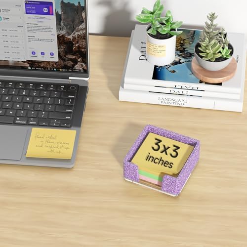 Sticky Note Holder, Glitter Purple Acrylic Notepad Holder 3x3 in Self-Stick Note Dispenser Office Desk Accessories, Memo Pad Holder Organizer for Classroom School Supplies