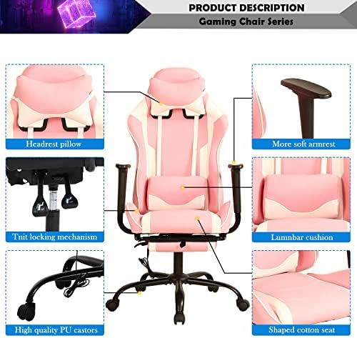 Pink Gaming Chair with Footrest, PU Leather Gaming Chairs for Adults, High Back Comfy Office Chair Ergonomic Desk Chair Computer Chair, Reclining Gamer Chair, Height & Backrest Adjustable, 300 Lbs