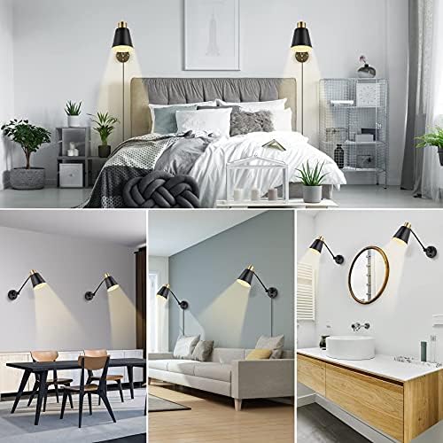 GOODATE Dimmable Wall Lamp with Plug in Cord, Plug in Wall Sconces, Swing Arm Wall Light with On Off Switch, Metal Black Brass Industrial Wall Lamp for Bedroom, Living Room, E26 Base