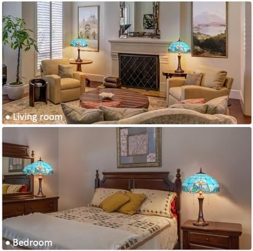 Tiffany Lamp 16" Large Blue Stained Glass Table Lamp for Living Room