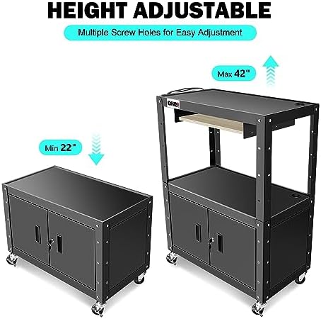 DNA Motoring Steel AV Cart with Extra Storage Cabinet, 30.8" x 18" x 22"-42" Height Adjustable Rolling Projector Utility Cart, TOOLS-00293