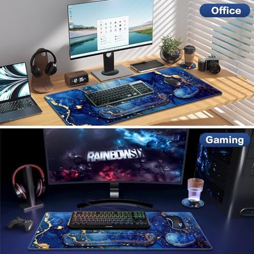 Desk Mat Blue, Large Gaming Mouse Pad with Wrist Rest, 4in1 XXL